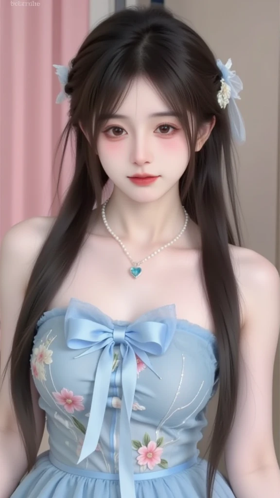 A young woman with a sweet face， The dark brown long hair is carefully braided into a side braid，The hair is soft and shiny， It presents a natural subsurface scattering effect under the light，Fully showing a transparent texture。A thin hairline is left on her forehead Air bangs，It modifies her delicate face。

She wears a white hair accessory，With a butterfly decoration made of tulle，Smart and dreamy。 The ears are wearing delicate flower-shaped earrings，The long pendant adds elegance。A pearl necklace around her neck， In the middle is a light blue heart-shaped gem，Complements the overall shape。

 with delicate makeup ，The brown eyes are bright and energetic，Long and curled eyelashes， Light pink eyeshadow adds a gentle feeling， Coral lip makeup looks sweet and charming。Delicate facial skin，The pore structure is clearly visible，Presents a natural texture。

 Wearing a light blue tube dress， The  is decorated with a large bow of the same color， The dress is embroidered with pink and white flower patterns，The fabric is soft，The woven texture is rich in details，The tulle material is light and elegant。

The characters are graceful ，Turn your head slightly，Looks at the camera with gentle eyes。 The background is a soft pink and brown gradient tone，Create a romantic and sweet atmosphere。using a professional camera style， 8k resolution， The picture is rich in detail，brightly colored and natural， Realistic lighting effects，High sharpness，Low noise，depth of field effect highlights the subject， convey a sweet and dreamy mood。