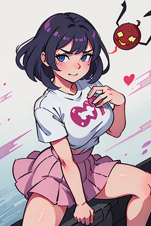 masterpiece, 4k, detailed, extreme detailed, hd, short hair, navel, navel shown, short, cleavage, sexy stomach, legs exposed, thin waist, low-leg, bra, black lace bra, young adult, twinkling eyes, wide hips, thigh gap, pant zipper is down, enormous breasts, tomboy, hair bun, :3 face, hips forward, fat mons, heart shaped pupils, spoken hearts from their stomach, cameltoe, pregnant, bending over, big ass, covered anus, from behind, facing away