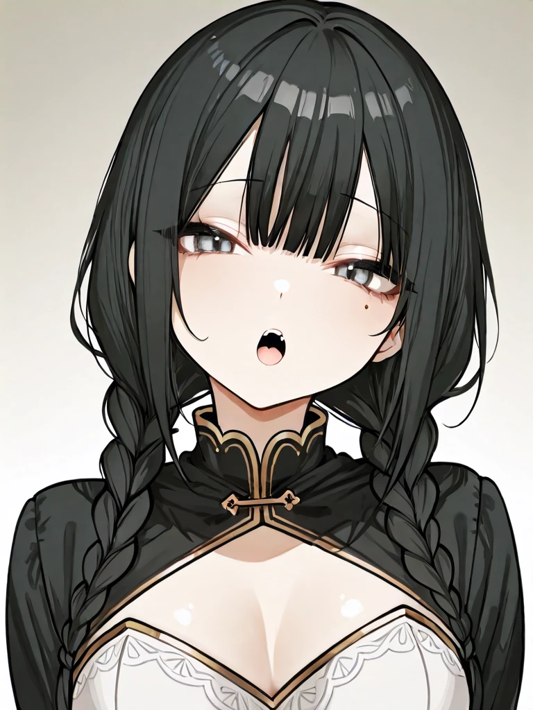 Sexy woman, black braided hair, flawless skin, soft skin, amazing makeup, eyes closed, soft glossy lips parted, ready to kiss, long and beautiful neck, collarbone, white t shirt, medium chest, cleavage