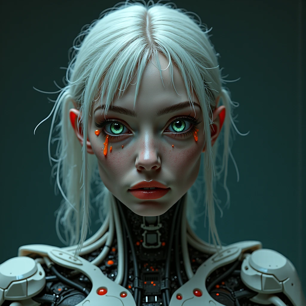 1girl, (long platinum blonde hair), (white skin), <lora:Concept_CTRobotv23:0.7> mechanical_parts, android, digital-eyes, blue eyes, android, cannyrobotstyle, score_9, score_8_up, score_7_up, score_6_up, score_5_up, score_4_up, <lora:040790P:0.8> 040790P, 040790XL, woman, medium breasts, <lora:GRIM_v1:1.5> chaotic, horror (theme), monochrome