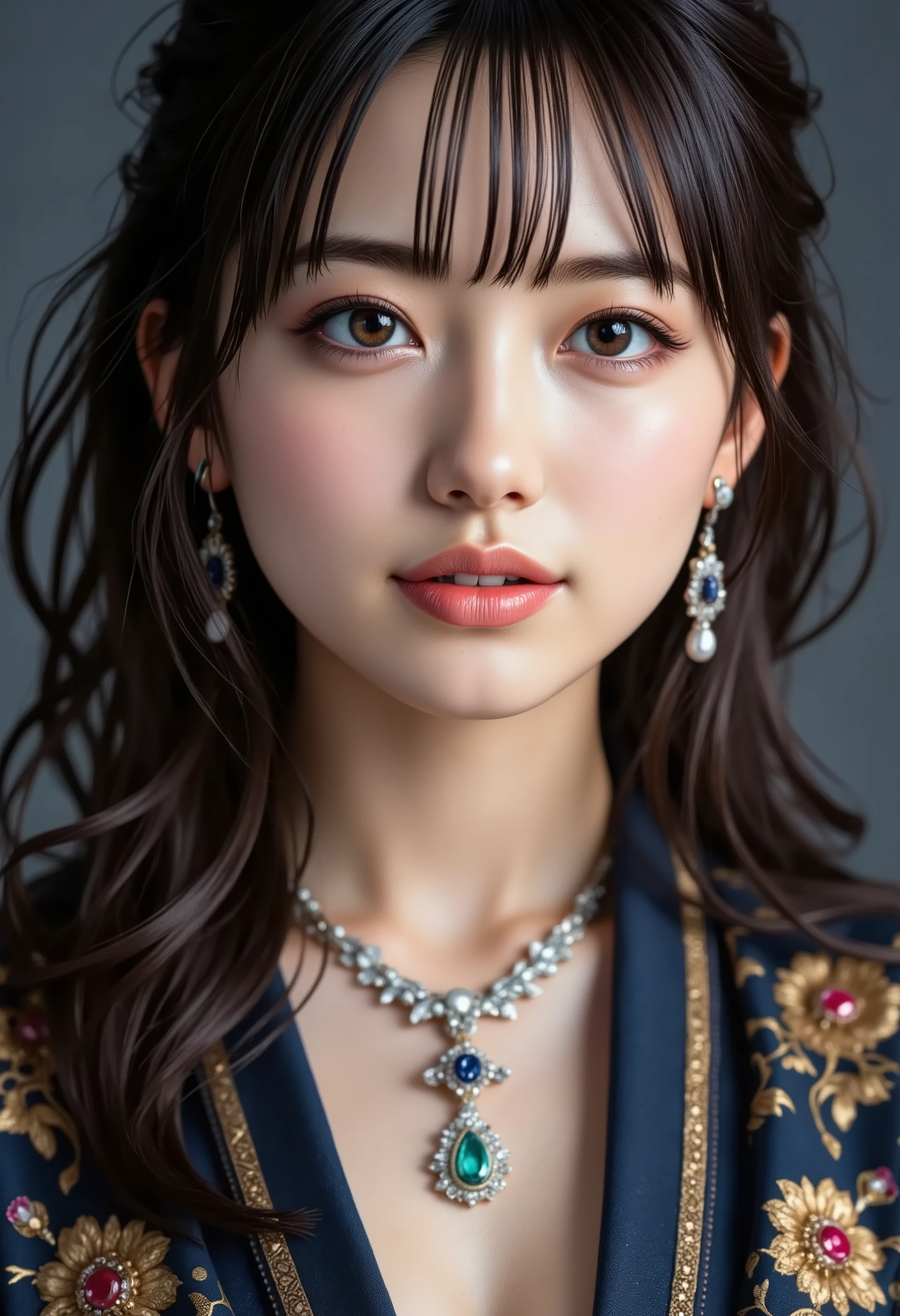 Top quality, delicate face, best quality, masterpiece, ultra high definition, (reality: 1.4), original photo, 1Girl, brown eyes, cinematic lighting, dark eyeliner, small earrings, small necklace, wind, piercing, very big breasts, big, cleavage, happy smile (original: 1.2), (real: 1.4), absurdity, incredibly absurd, ultra detailed, high resolution, ultra detail, best quality, fantastic, best quality, highly detailed CG unity 8k wallpaper, cinematic lighting, (perfect shiny skin: 0.6 ), slender flowing lines, slim waist, elaborate robes, jewelry, jewelry, gold, silver, diamonds, glitter, sapphires, rubies, emeralds, pearls,