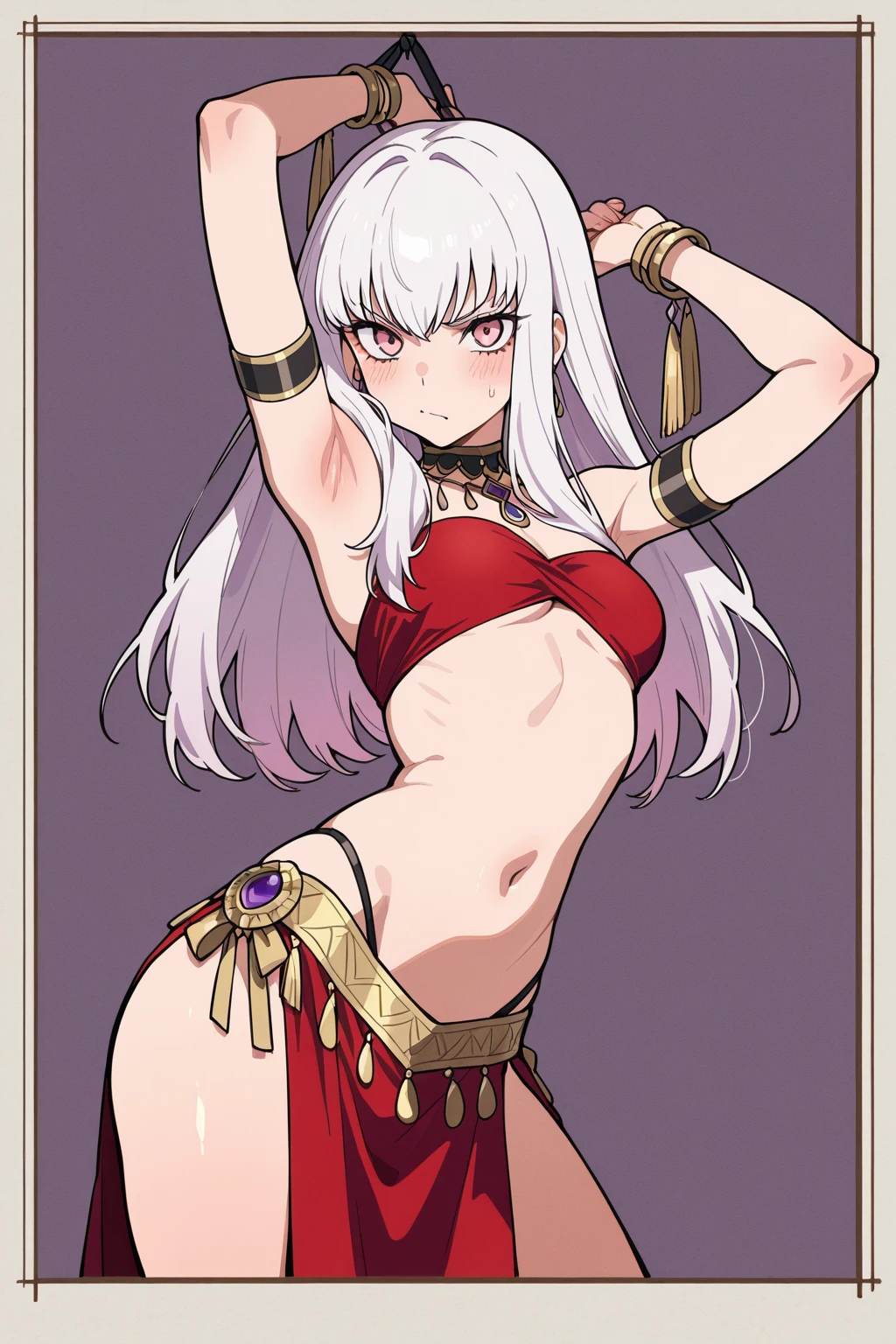 femele,long whitr hair,white color hair,(The beautiful,goodlooking),plain red background,Royal sister,open open mouth,The face is shy,Brown pupils,It's a perfect face,perfect body figure,Bigchest,The barefoot,Wearing a super tight bikini