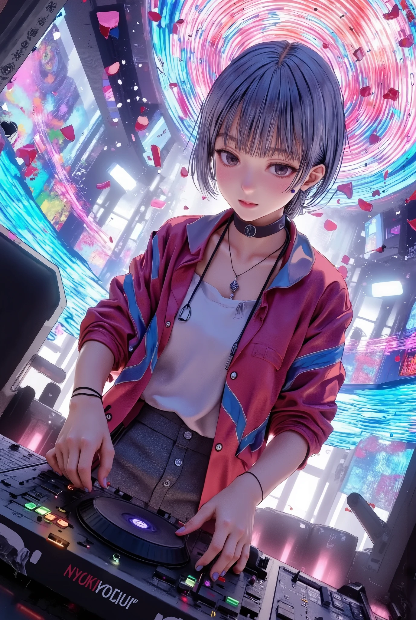 (((Massive colorful sound waves float in the air))), (((Massive numbers of musical notes appear here and there))), ((musical notes:1.9)), musical notes pattern, musical notes pattern approaching, background of colorful musical notes, even more sparkling musical notes.close up shot : 1.4, Low-angle viewpoint, 1 girl, japanese, ((soft silver low ponytail hair)), 8k, Masterpiece, Top Quality, brightly colored shirt, ((DJ mixer, hands, controls)), detailed person, high resolution, 32K, realistic depiction, (masterpiece, highres, high resolution:1.2), choker, (earrings:0.1), necklace, japanese, ((blushing)), solo, smile, big lips, Please open your mouth a little, perfect body, ((five fingers)), (Anatomically correct), (big ), curve, Stylistically diverse, Her body posture is dynamic, as she interacts with the DJ equipment, Her hands are on the turntables, expertly mixing music, The background is a blurred, vibrant nightclub scene filled with colorful, bright spotlights, Energetic crowd, Club setting, digital illustration,