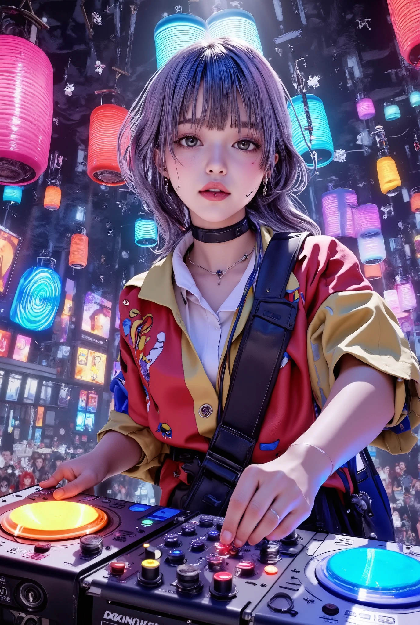 ((((Massive colorful sound waves float in the air))), (((Massive numbers of musical notes appear here and there))), ((musical notes:1.9)), close up shot : 1.4, Low-angle viewpoint, 1 girl, japanese, ((soft silver low ponytail hair)), 8k, Masterpiece, Top Quality, brightly colored shirt, ((DJ mixer, hands, controls)), detailed person, high resolution, 32K, realistic depiction, (masterpiece, highres, high resolution:1.2), choker, (earrings:0.1), necklace, japanese, ((blushing)), solo, smile, big lips, Please open your mouth a little, perfect body, ((five fingers)), (Anatomically correct), (big ), curve, Stylistically diverse, Her body posture is dynamic, as she interacts with the DJ equipment, Her hands are on the turntables, expertly mixing music, The background is a blurred, vibrant nightclub scene filled with colorful, bright spotlights, Energetic crowd, Club setting, digital illustration,
