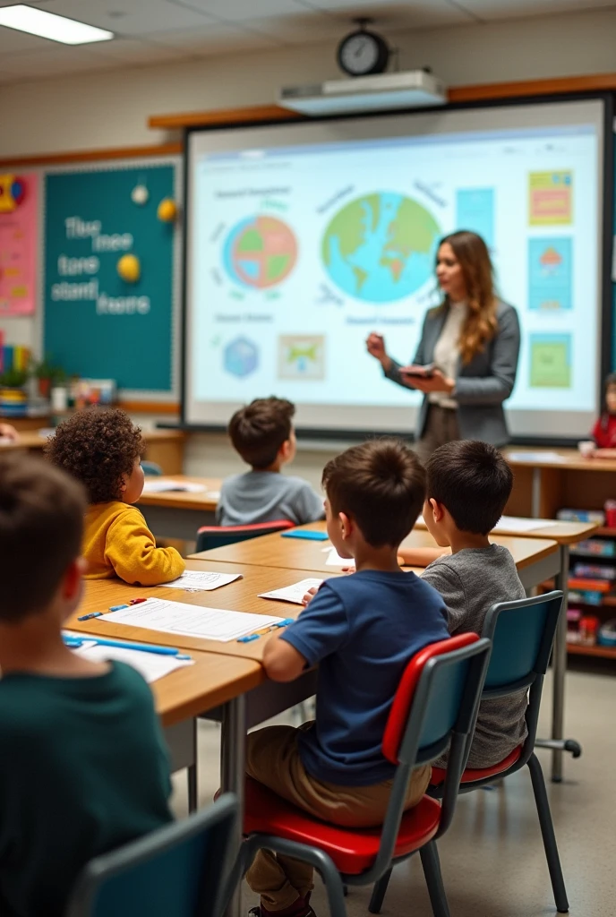 Create an image illustrating the role of education in combating climate change, with Spanish text. The image should show a classroom with students learning about climate change, a teacher holding a globe, and symbols of education like books and a chalkboard with climate-related content