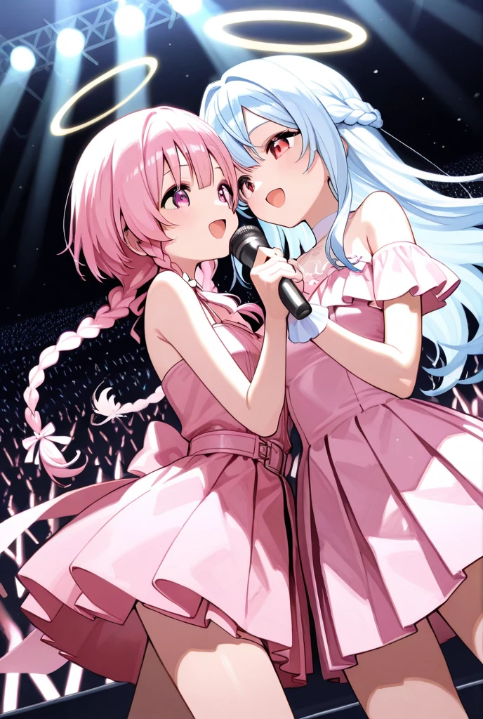 Dynamic angle, 8k, thick paint 5, upper body, 2 girls, smile, wolf ears, wolf tail, pink eyes, hair between the eyes, striped hair, striped hair, (((Colorful hair color: 1))))), (((Random hair color: 1)))), colorful hairstyle: 2, (((perfect fingers, perfect 5 fingers)))), D cups, cleavage, noble and delicate clothes with a lot of ruffles and ribbons, Mini skirts, love live costumes, Idolmaster costumes, white uniforms, jewelry, (((on the big AI stage))), singing on the AI stage, holding the microphone to the left, singing, best live, professional lighting, concerts, guerrilla live, ((against the backdrop of the city of Shibuya, lots of customers))), (((panties, cute panties))