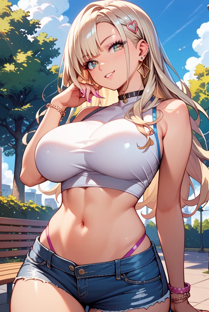 Super detailed、highest quality、Best image quality、masterpiece、8K、Anime Face、A kind smile、Open Mouth、Sparkling Blue Eyes、(Blonde wavy hair:1.5)、(SFW huge body:1.3)、Cowboy Shot、(She is wearing a white high-cut thong.:1.5)、Muscles of the whole body、(In underwear:1.5)