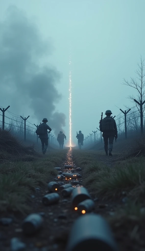 war scenery, soldados nas trincheiras, soldados com capacetes e fuzil, soldados em um campo de guerra, soldados em um campo de guerra com armas, Fog in the war scenario, 4k, high quality, high realism, photorealism, photocam canon dslr
