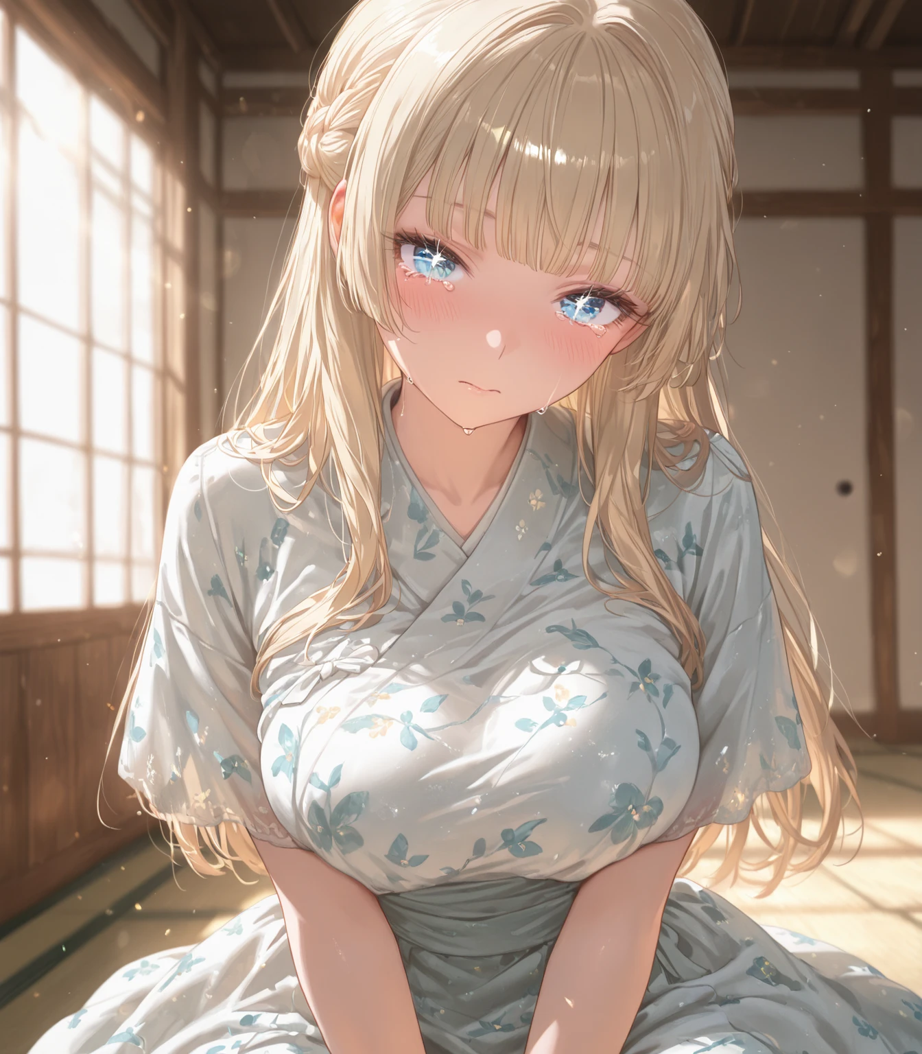 (pieces fly: 1.3), (maximum resolution: 1.2), (ultra high definition tv: 1.2), cinema light, 8K resolution, fine eyes and skin, detailed facial features, , (sharp focus on breasts: 1.2), (The focus is on the face:1.2),perfect style, cute face, Accurate, anatomically correct, ノ Highly detailed face and skin texture, fine eyes, double eyelid, thin eyebrows, glitter eyeliner: 1 natural cheeks, shiny skin, Fair skin, Glossy skin: 1.2, (glossy lips: 1.4),、 (embarrassed look: 1.2),Highly detailed face and skin texture, fine eyes, double eyelid, natural cheeks, , glossy lips: 1.4,Revealed cleavage、(a large amount of sperm in the chest:1.4)(A large amount of sperm on the thigh:1.2)、 blush、humiliation、impatience、embarrassing、be scared、glare、sexually aroused、provoke、embarrassing、open your knees、open your legs、 white top and bottom underwear、white bra、small shiny earrings and necklace、散らかったClothes、Clothes、fully exposed panties、Sweat、soaking wet、transparent underwear、stockings、 25 years old, neat woman,1 person、 upturned chest, Remains、on the floor、blonde、blue gray eyes,(修道Clothes:1.5)、glare表情、masturbation、Overflowing sperm、caught sperm、