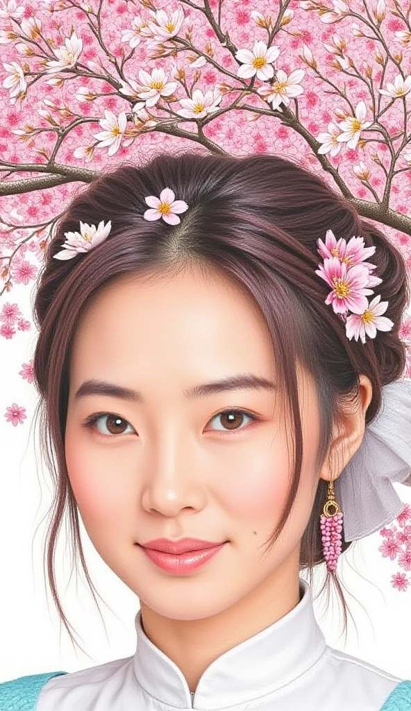 Chalk sketch , postcard, portrait, masterpiece, best quality, sfumato style,
happy cute beautiful woman with a bouquet of cherry blossom, illustration in the style of Alberto Seveso, 16k, masterpiece, realistic, vibrant colors,  perfect composition, beautiful flawless makeup, detailed, intricate, insanely detailed octane rendering trending on artstation,  detailed , realistic proportions,  artstation trend,pastel chalk painting,wong-chan-flux,Lined Sense Art (sketch),chan-flux, chlkbrdCE style