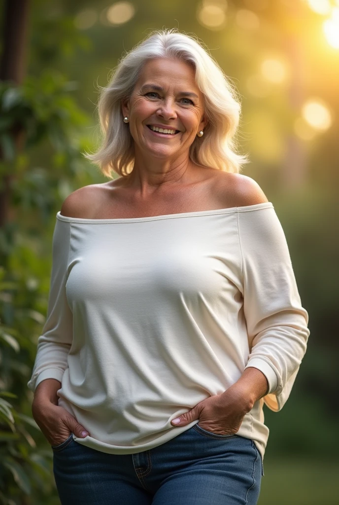 a mature woman standing alone, white hair, khaki eyes, perfect anatomy, in the corridor, big breasts, curvy body, smiling, looking at me,linen dress