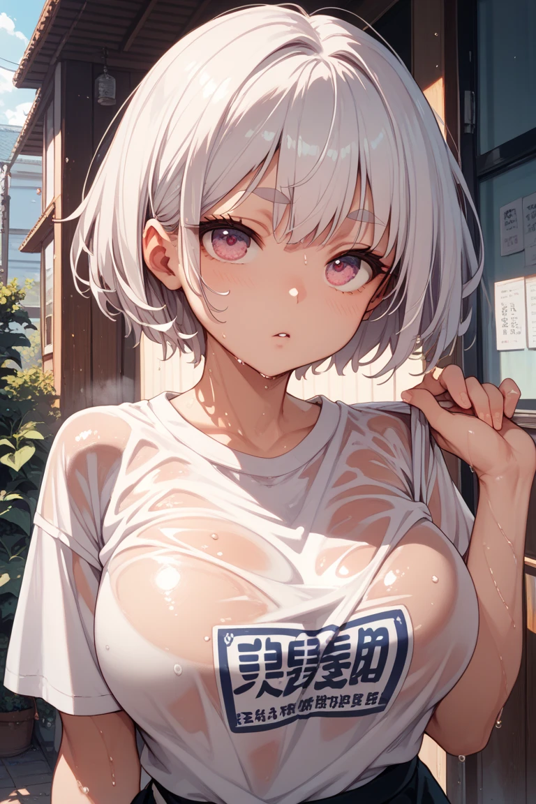 Masterpiece,Highest quality,8K,Ultra-high resolution,appropriate margins,BREAK,1 person,Very beautiful adult woman,Slim body,Very large breasts,BREAK,Silver Hair,mascara,Eyeliner,Pink Lip,Thick upper eyelashes,Thin eyebrows,BREAK,Black eyes,BREAK,Embarrassed,Shy smile,BREAK,short hair,Hair clip,Wearing hair in one ear,Ragged hair,BREAK,Denim shorts,White dress shirt,BREAK,Model Posing,Eyes meet