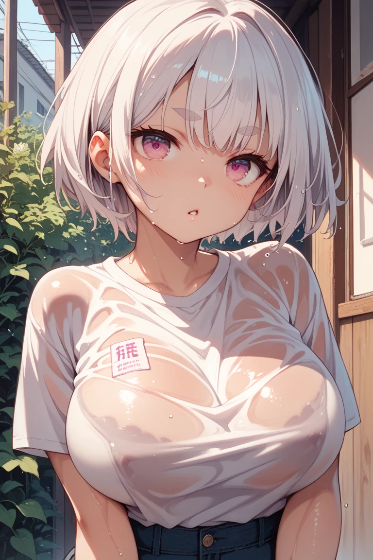 1 girl,Heart-shaped pupils,nail,White hair,Purple Eyes,(blush:1.1),necklace,Upper Body,trembling,Sweat,Heart,(Speed Lines:1.1),Huge breasts, ((Heavy breathing:1.3)), like, Heart, Top of crop, Happy, Smile