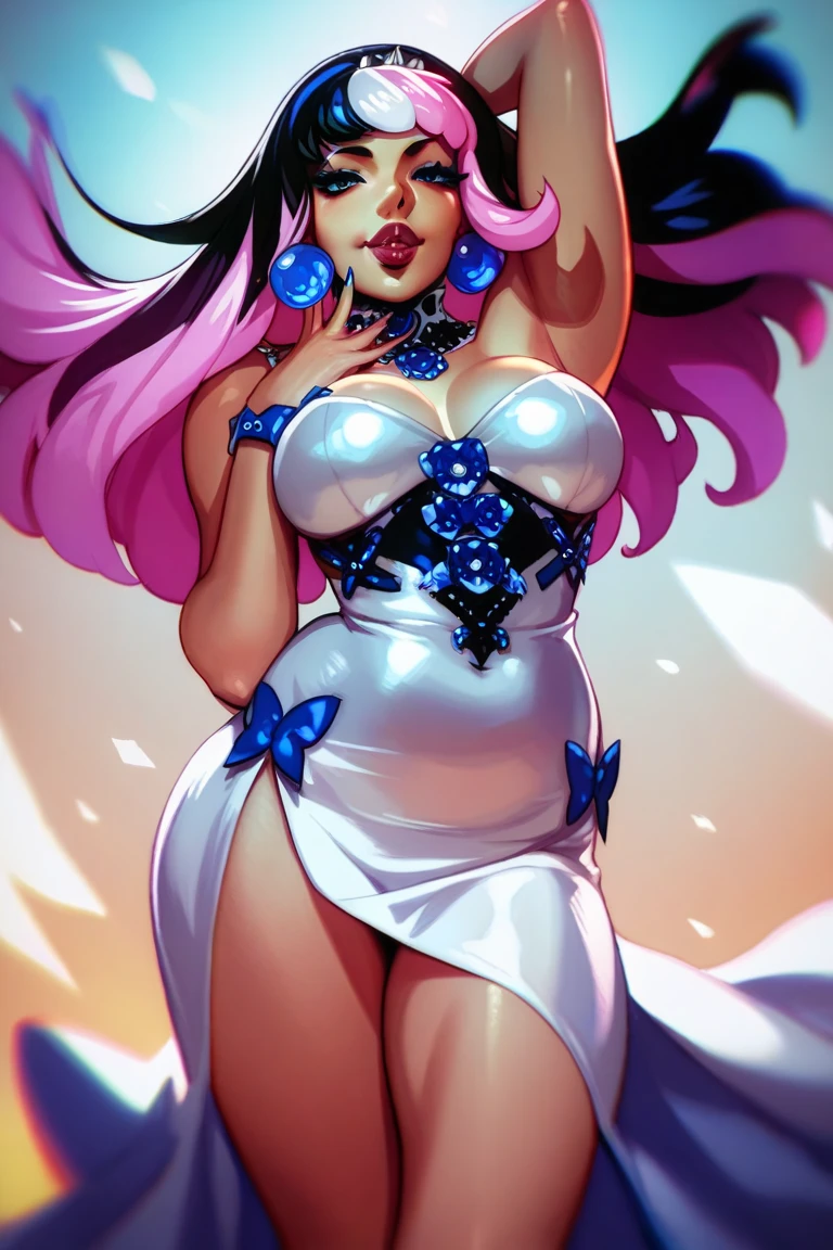 Sexy busty woman wearing (thick diaper) magical, colorful, detailed, surprised, happpy, large breasts, wide hips, casting love spell, seductive, ((mommydom)), bokeh, (spandex)