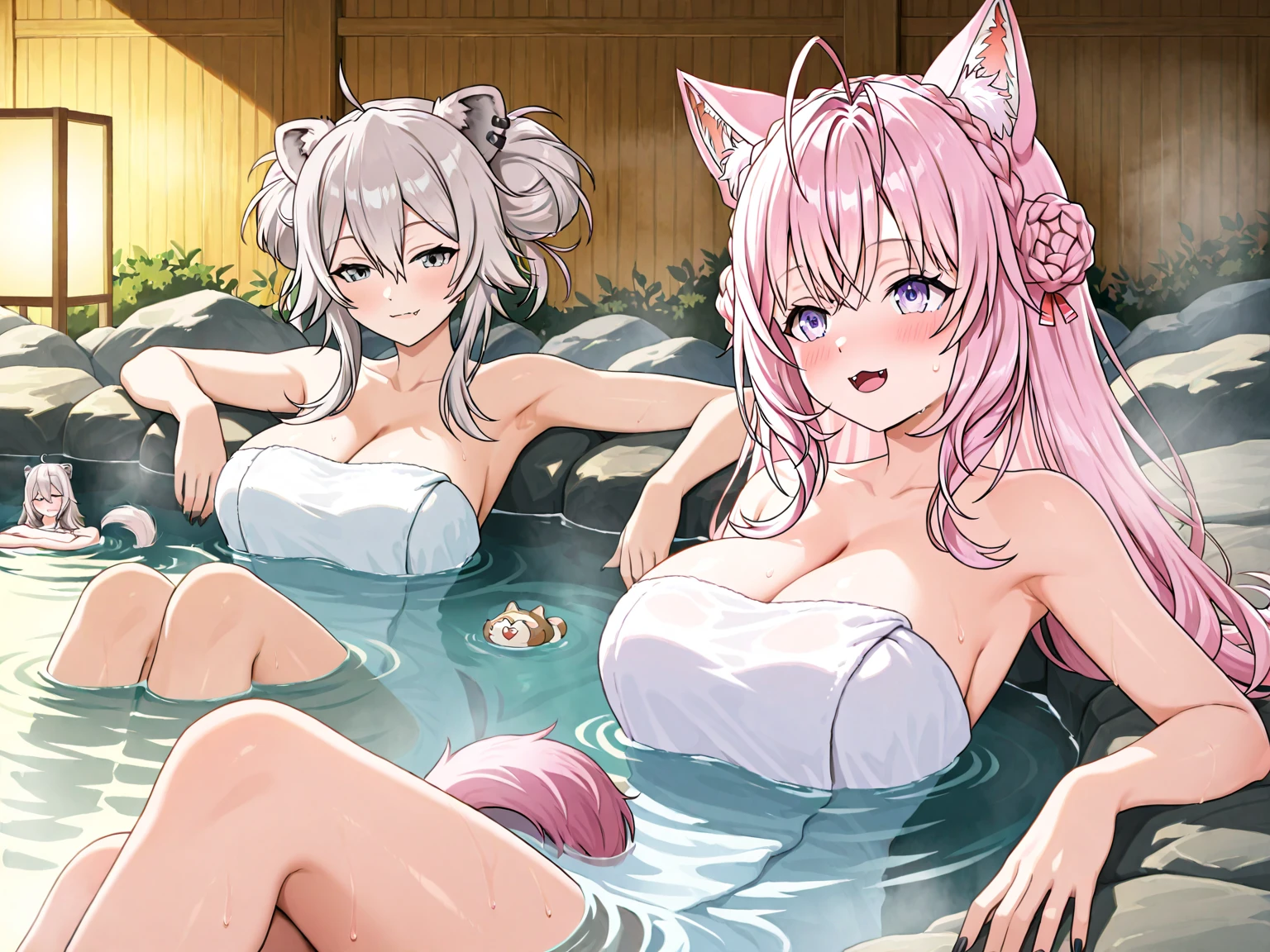 masterpiece, high resolution, high quality, open-air bath, night, 2 girls, (bath towel, purple hair ornament, big, cat ears, floral, red eyes, black hair, ponytail), seduction, (bath towel, red hair ornament, big, cat ears, floral pattern, yellow eyes, white hair, twin tails), gohku, kissing