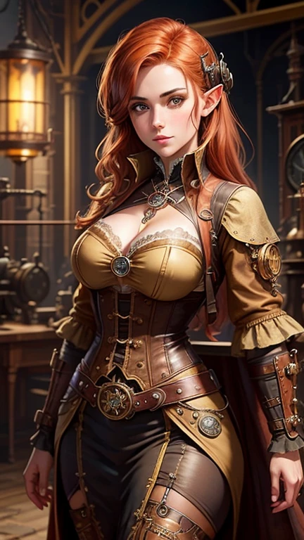 view from above, dutch angle, red haired Jennifer Garner as Elektra with goggles and gloves posing for a picture, (large bare breasts), ((cobalt blue eyes)), steam punk style, alice in wonderland cyberpunk, steampunk girl, steampunk pin-up girl, magic and steam - punk inspired, glamourous cosplay, steampunk beautiful anime woman, steampunk style, steam punk, rococo cyberpunk, wearing steampunk attire, steampunk!, steampunc, like lady mechanika, (((Looks like Jennifer Garner with red hair)))