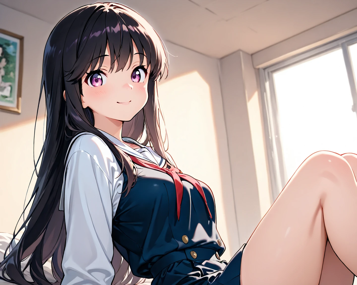 1girl in、A smile、The shirt、skirt by the、(small tits)Chilarism、Japan High School Student Uniform、serafuku、summer clothing、Squall Drenched Uniform、(Sheer Bra)、Upper body portrait、Squatting panchira、