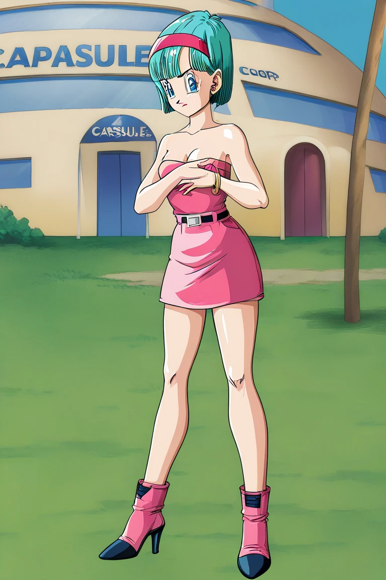 saiyan saga, bulma, short hair, aqua hair, blue eyes, 1girl, solo, breasts, looking at viewer, shy, blushing, standing, earrings, panties, outdoors, street, day, sunny, flare, retro artstyle, NSFW, naked, nude, exposed breasts, exposed vagina