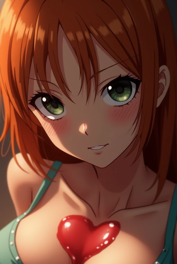 (Highest quality, 4K, 8k, High Resolution masterpiece:1.2), Very detailed, Picturesque, Anime-style photos, Photo Animation:1.37)、a beautiful girl、(orange Hair)、(middle hair)、gyaru、naked、bikini tan、