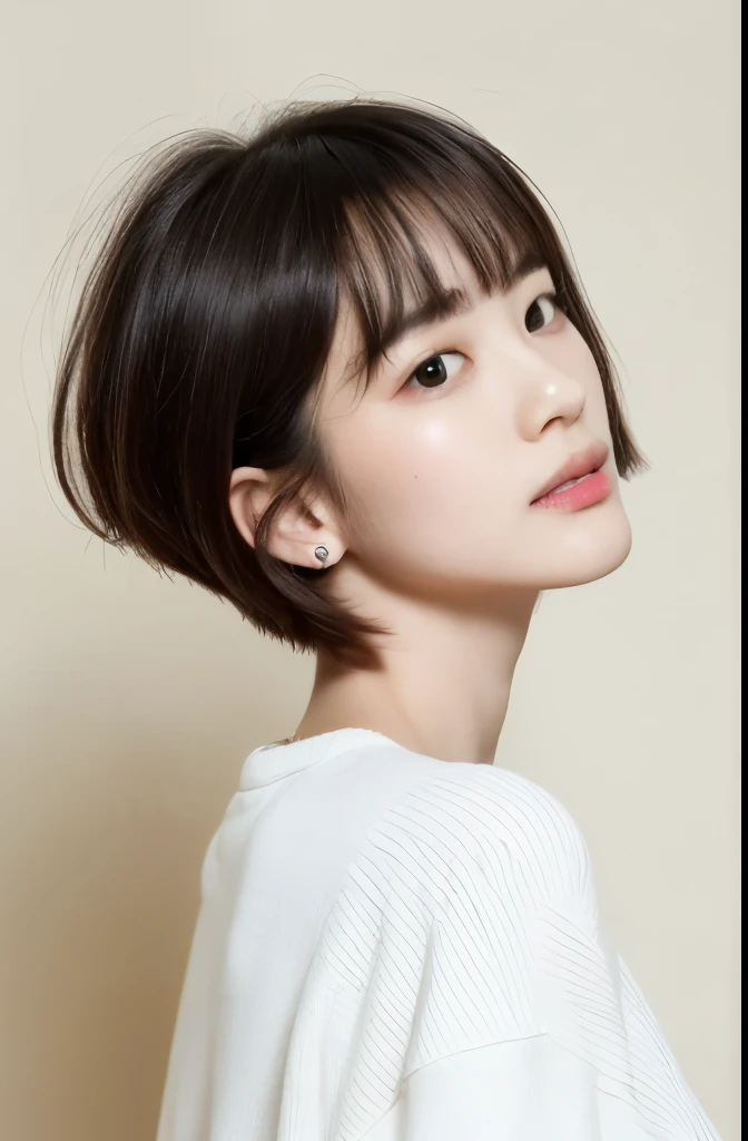 light gray long sleeve dress、table top、(white wall in the background、Taken in front of the white door:1.4)、((highest quality、8K、masterpiece:1.3))、ultra high resolution、(photogenuineistic:1.4)、RAW photo、Japanese,(face)、genuine、Photographed in natural light、Highly detailed face and skin texture、highly detailed lips、correct state of the human body、shortcut、short hair、short hair、black hair、various poses、natural color lip
