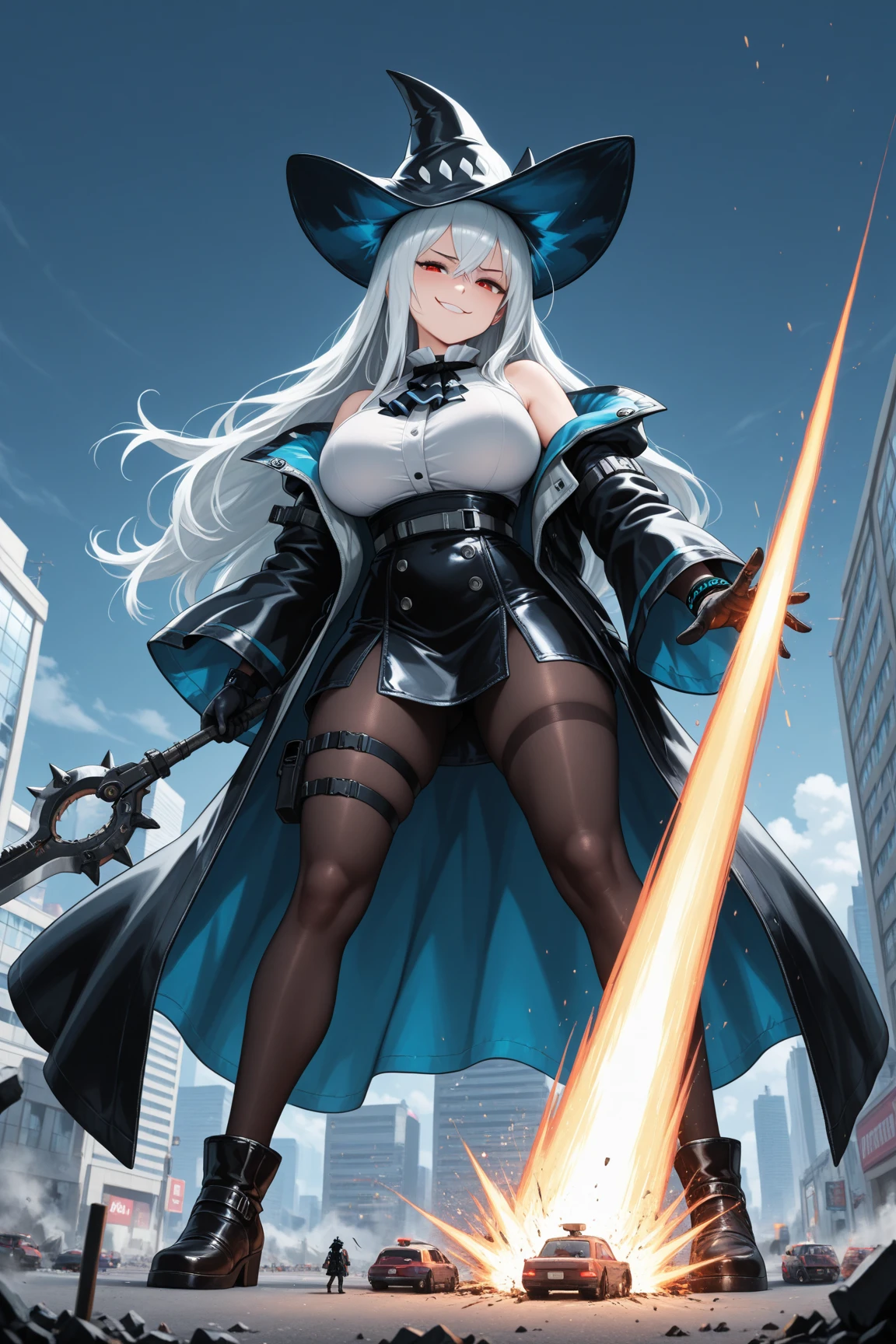 1 skinny girl, solo, light blue hair, (red and purple heterochromia), (red right eye and dark purple left eye:1.3), bending back, looking at viewer, BREAK, black plunging neckline short dress, dark yellow cropped jacket, black thighhighs, BREAK, (bouncing unaligned huge breasts:1.4), cleavage, very short torso, (inconceivably narrow waist), thin long legs, BREAK , holding a spear, BREAK, (nsfw), (show off crotch), (coverd perky nipples:1.3), desert, desert storm, rocks at background