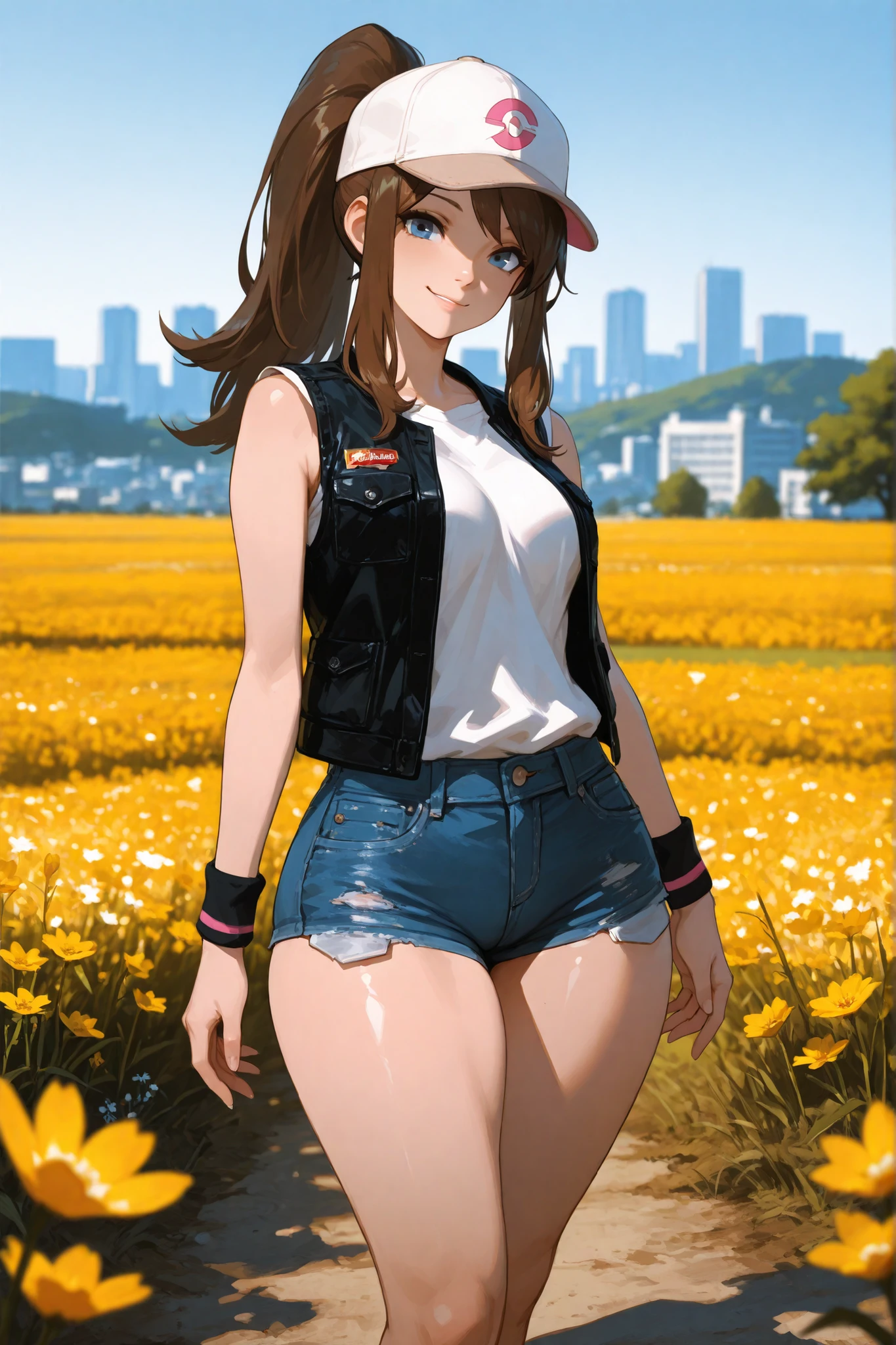 masterpiece, highly detailed, cinematic lighting, hyper-detailed face, intricate textures, stunning composition, perfect anatomy, soft shadows, depth of field, professional digital art, cinematic ambiance, sharp focus, clean and polished rendering), attractive body, medium breasts, thick thighs, wide hips, big ass, smooth and radiant skin, soft yet firm body contours, sensual and confident presence,pokemonhilda, blue eyes, brown hair, long hair, ponytail, baseball cap, blue minishorts, denim, hat, minishorts, vest, wristband, sleeveless, black vest, white shirt, shirt. A wide open field with patches of wildflowers and trees, with a large modern city skyline clearly visible in the distant background under a clear blue sky. sexy standing pose, sensual, provocative, playful smile, front view
