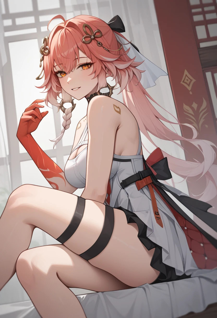 Genshin Impact　Yae Miko　fart　　blushing and crying　　Squatting down and pooping a lot　Pee