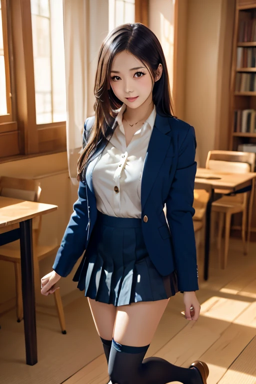 (8K), (highest quality: 1.2), (Realistic), (Realistic: 1.37), Ultra-high resolution, 3 girl, cute, (Embarrassed smile:1.2), (Blushing:1.4),Mouth closed, Beautiful details, Beautiful Nose, (white gold color straight Hair), giant dulcefo, pork, Thighs,Navel exposed,University Student Uniform,(A simple dark blue blazer:1.2),(Pleated skirt),(The skirt and tie are tartan check pattern.:1.3), (standing on bar:1.2),(Shiny Thighs:1.4), (medium shot :1.2), (socks:1.2), (super low angle:1.5)