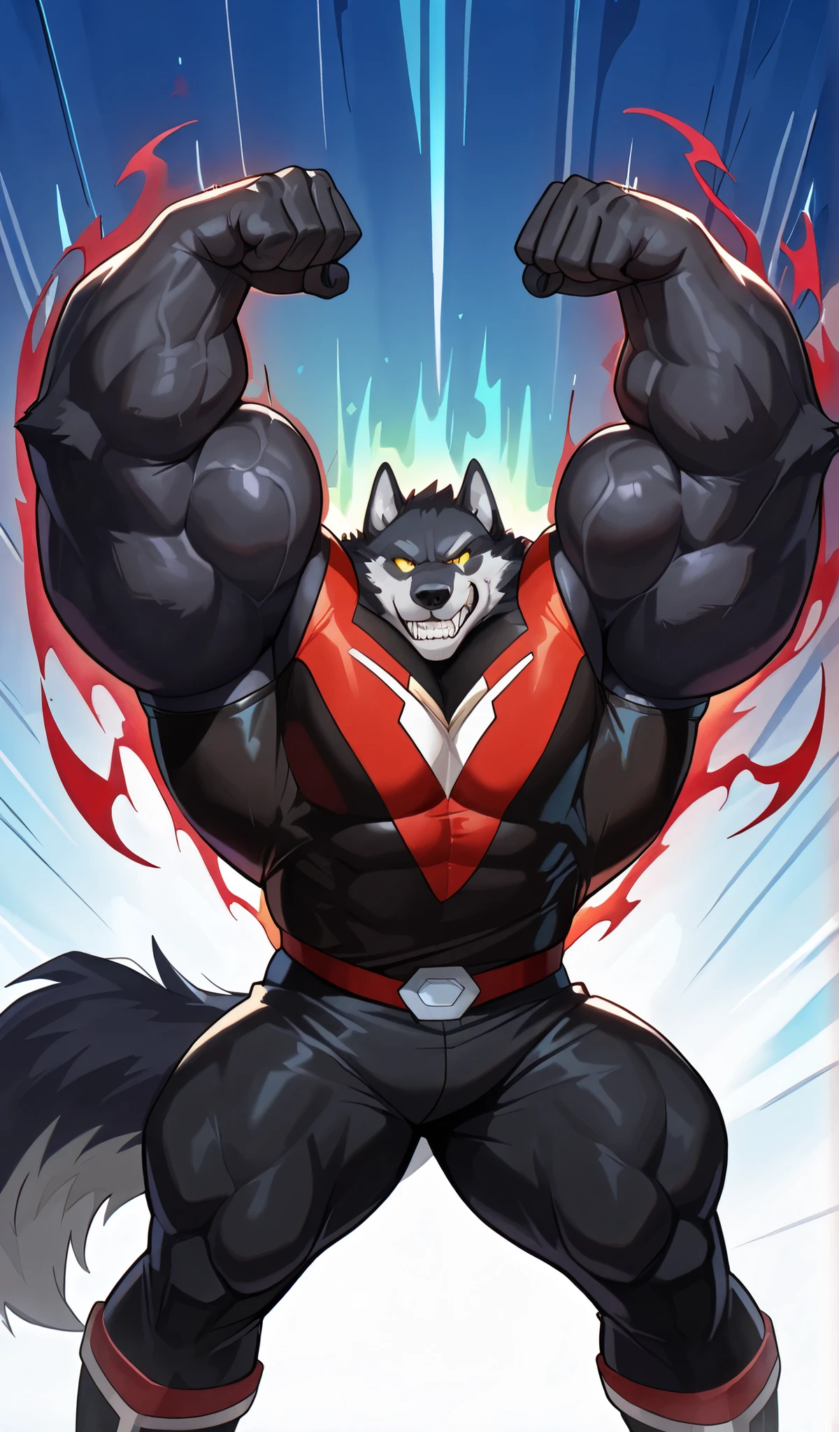 Solo, (best quality,4k,8k,highres,masterpiece:1.2) Wolf, male, black fuzzy fur, white eyes, yellow pupils, Hyper muscular, biceps bigger than hyper, chest wide, (, square sharp jawline, handsome black wolf face), smiling, superhero warrior outfit, (fully clothed outfit but slightly torn from battle), clothes with details, red lined aura (simple aura), flexing his arms above his head, brushing agains sides of biceps, lats spreading wide, causing his muscles to grow, (muscle growth sequence), gritting teeth, battle pose, simple, anime style