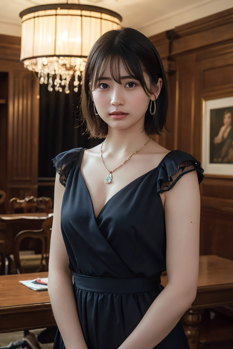 (Highest quality:1.4),(masterpiece:1.4),(Realistic:1.4),(Realistic:1.2),(超High resolution, RAW Photos:1.4),(High resolution, Ultra-detailed:1.2),(8K:1.2),View your viewers,Cinematic photography,One girl,skeletally correct,Black-haired woman,(Small earrings,necklace,Witch Cosplay,View from the front),(Western-style building interior,Dimly lit room,The lamplight shines on my cheeks,Sit on the sofa)