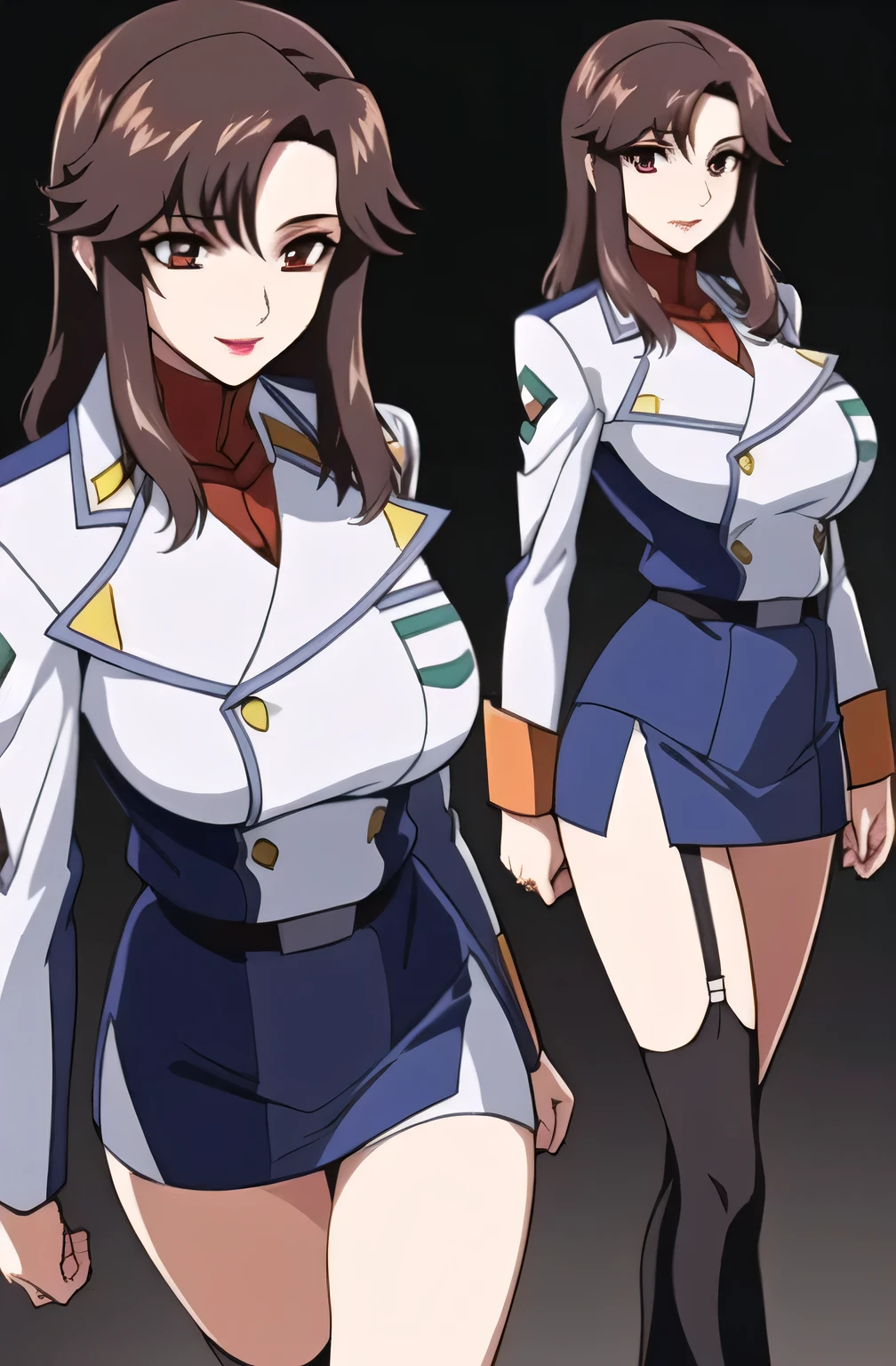 (masterpiece), (best quality), (high res), 1lady, tall body, beautiful detailed eyes, beautiful detailed face, serious, perfect hands, complete fingers, perfect anatomy, perfect proportions, ((brown hair, medium hair, hair down)), ((green eyes)), ((leotard, white leotard, matching leotard)), ((white dress collar, open collar)), ((bare legs)), ((boots, matching boots, ankle-high boots, red boots)), breasts, medium breasts, looking at viewer, (solo, solo focus), standing,, ((yellow V (symbol) on chest)), ((red leather jacket, open jacket)), full body costume design. Simple background, Multiple Views, Character Sheet Full-Length.