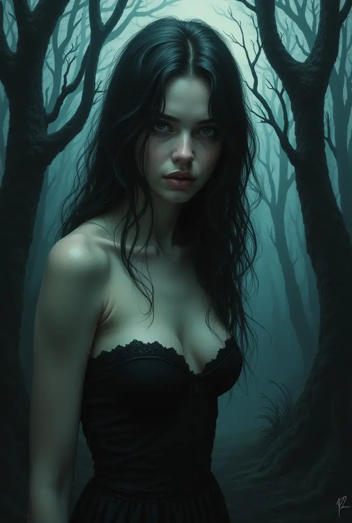 
"Draw me a picture of a scary but beautiful 20-year-old girl in revealing clothes. The background should be a dark forest. She should be short and thin."