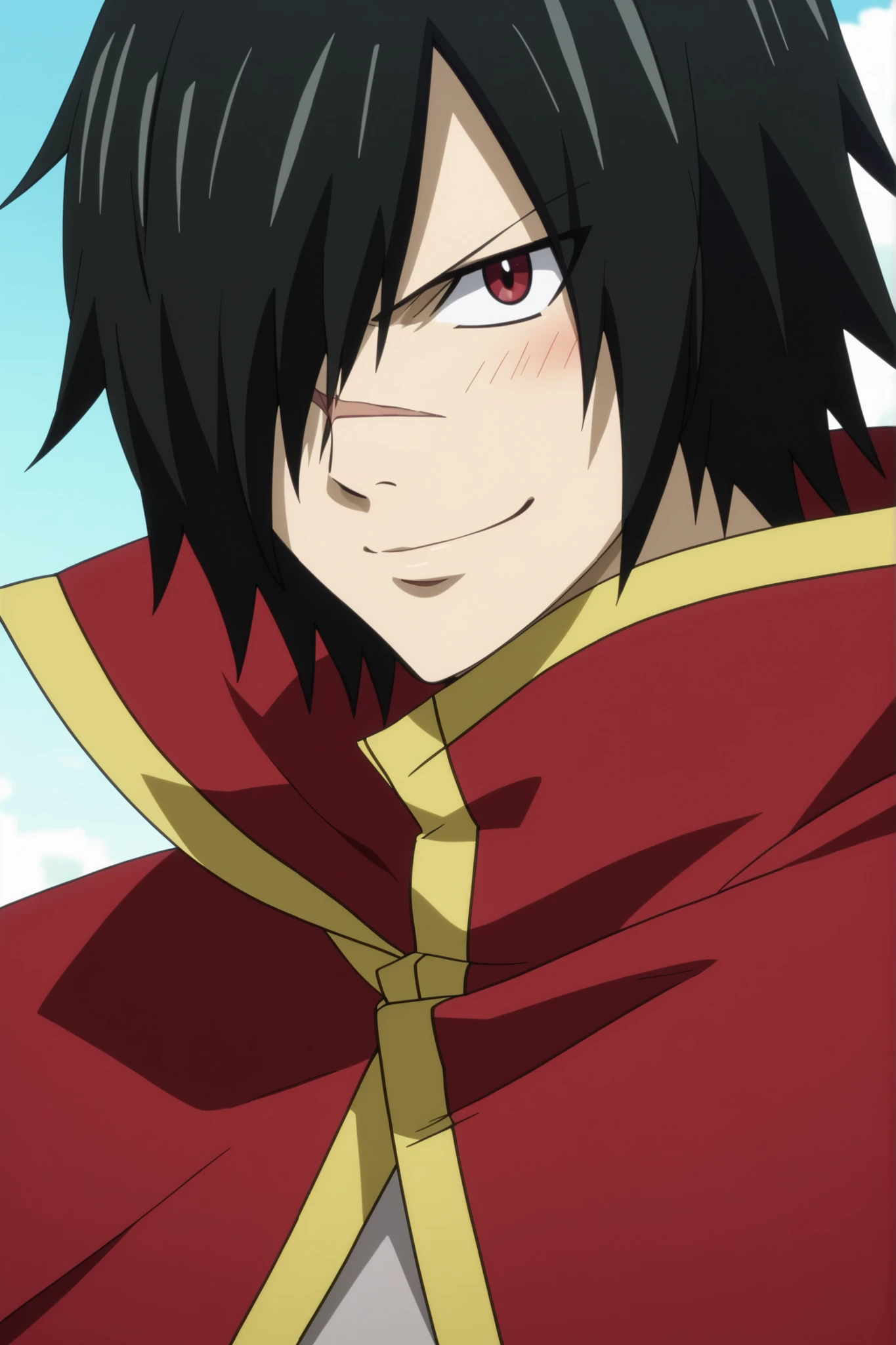 Rogue cheney rogue_cheney, black hair, red eyes, hair over one eye, scar tattoo close-up, official style, anime screencap, 8K, extremely detailed, 1boy, solo, ((smile, happy, closed mouth, blush)) anime style, highly detailed, saturated colors, cel shading, fairy tail anime style