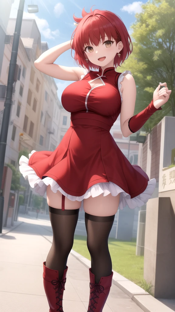((Best quality, Masterpiece, (only 1 girl), ((short horns, blonde hair, red eyes, symmetrical face, (An extremely short dress with long sleeves, Lift up the dress, panties), (Looking down, Focus on legs, evil smile, Sticking out tongue), Serenity of the little lady, big breasts), steam, Rear side solar lighting, in the background a bedroom with dark furniture, Canon EOS 50mm camera)