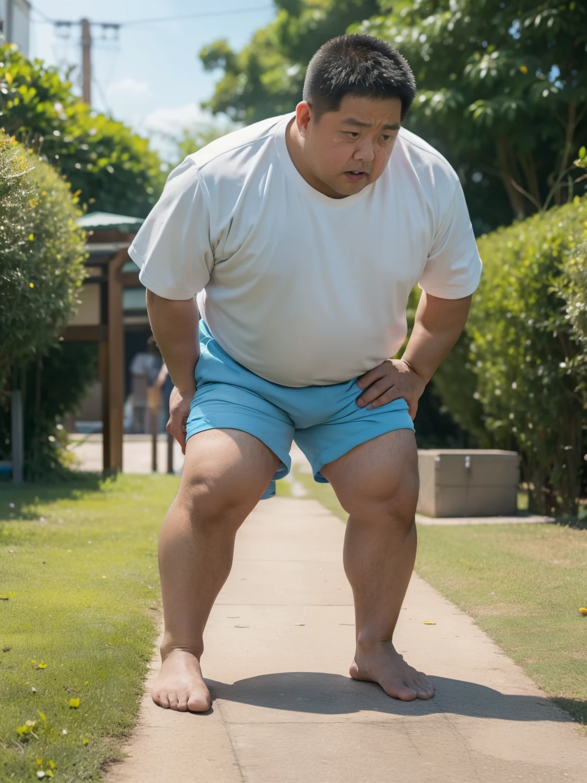Thick Japan middle-aged man in his 50s, 1man, retarded, Human, Dwarfism, He wears a Light blue Hotpants, Bare thighs, ((peeing self, wetting self, pee stains,)), ((trembling, fear expression, scared, looking at viewer)), kindergarten background, It's a sunny day, Incontinence, He stand and cried in playground, Full body, a picture, 8k, high detail photo, Masterpiece,