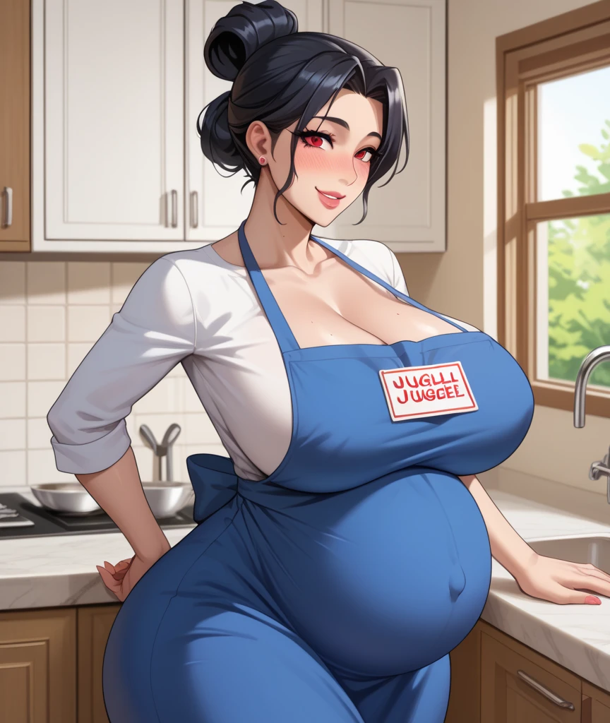 (Mature Woman:1.5), (mother:1.5), Ishtar, Fate Grand Order, (Absurd, 8k, 4K, Tabletop, Extremely detailed:1.2), highest quality, Perfect Anatomy,Perfect Face, High humidity, (alone:1.2), (Sweaty:1.3), shortness of breath, High humidity, humid, (Black Hair:1.1), Red eyes, Looking into the camera, (Very large breasts:1.5), Light clothing, apron, (kitchen;1.1), (Having a conversation:1.2), (Speech bubble:1.1), A kind smile, relief, peace of mind, mother性, Cooking, have a ladle, pot, pot-au-feu, Gentle look, nsfw