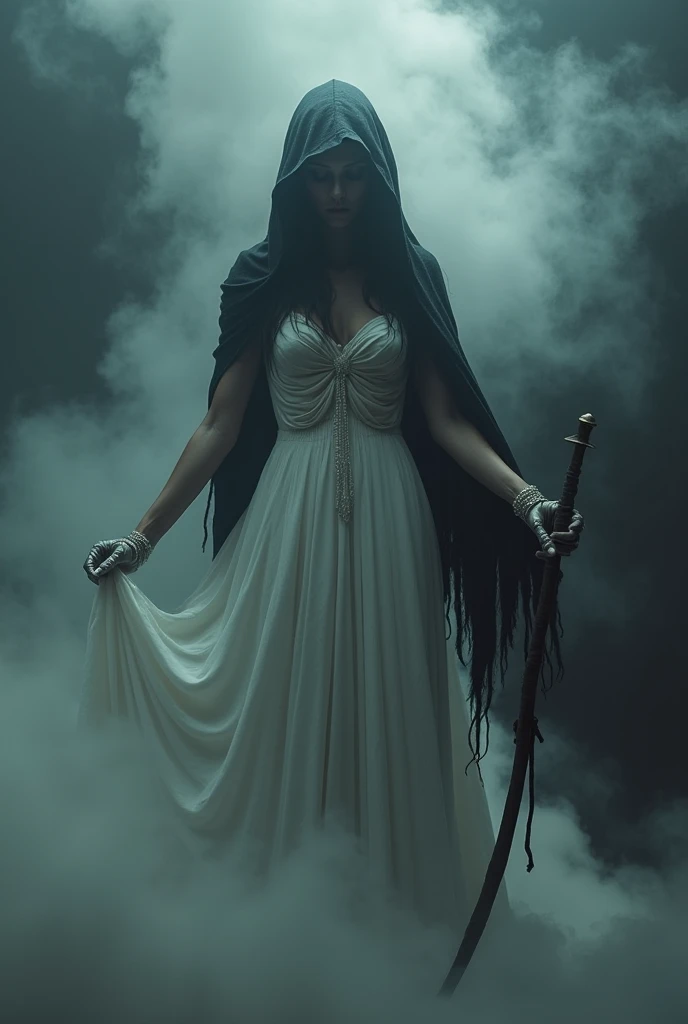 ((best quality)), ((masterpiece)), (detailed), perfect face, ((Best quality, 8k, Masterpiece: 1.3)), Sharp focus, Highly detailed face and skin texture, Detailed eyes, detailed fingers, Goddess, black dress, big scythe, Grim Reaper, Black Cape, Goddess in the mist, Light rises from the feet