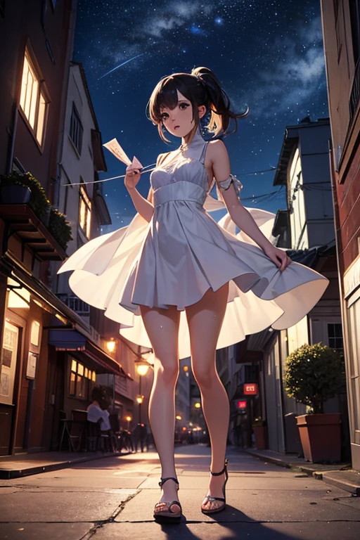 (masterpiece:1.2), best quality, highres, original, (extremely detailed:1.2), ultra-detailed, wallpaper, perfect lighting,(extremely detailed CG:1.2), 8k, anime illustration, HD, 1girl, solo, cute style outfit, short hair, (white dress, knee-length dress, short sleeves:1.22), (lace hemline:1.3), {delicate|thin}rope ribbon on the cuffs, bowknot on waistband:1.3), ({detailed|delicate}fabric:1.2), from behind, close-up, back-angle, unity 4k