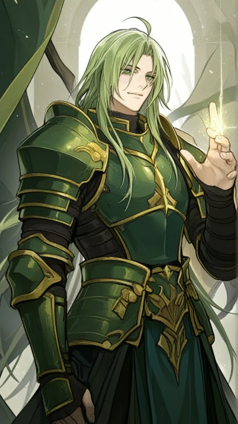 1boy, green long hair, knight, sword, big hammer, gold and silver ornament, muscle