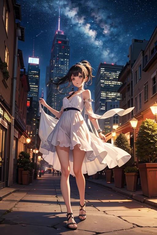(Masterpiece, top quality, super detailed CG, ultra detailed beautiful face and eyes,super detailed, intricate details:1.2), 8k wallpapers, elaborate features,
(1 person, solo:1.4)perfect cartoon illustration,(1 person, solo:1.4)
(realistic textures:0.8), high res, cute, (vivid colors, dynamic lighting:1.0), (high contrast:0.8),
A girl (in her teens) with a mysterious atmosphere overlooking the lowlands from the top of a steep cliff, very pretty face, long glossy black hair, clear sky-blue eyes, clear skin, slender arms and legs (both barefoot), wearing only a white dress that reaches down to her calves, surrounded by blue phosphorescence. Blue phosphorescence surrounds her, ruins spread far and wide in front of her, the place is a fantastic and vast urban ruin, the time is night and the area is dark, but stars and a big moon are shining brightly in the sky, back view, so that her whole body is included in the illustration.