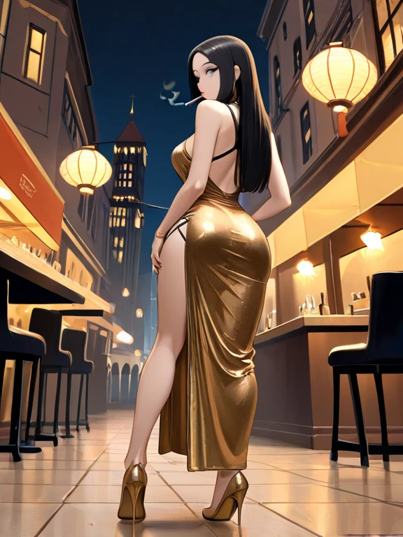 Hot girl sitting eating lunch on the sidewalk, high heels, natural makeup, jewelry, high fashion, simple fashion, flirty, 28 yrs, big breasts, full body, illustration, Saigon city, Vietnam night market background, daytime