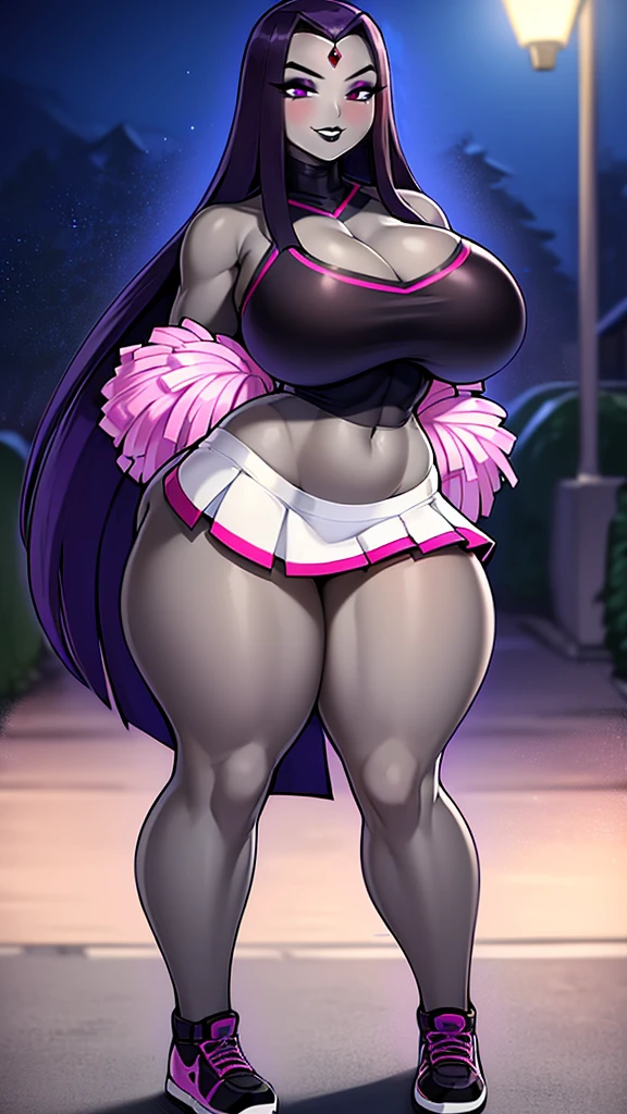 1girl, roxy_migurdia, breasts, from_below, solo, navel, pasties, panties, large_breasts, underwear, gloves, purple_eyes, looking_at_viewer, looking_down, moon, smile, heart, black_gloves, thighs, artist_name, covered_nipples, thong, thick_thighs, panty_lift, makeup, long_hair, night, heart_pasties, facial_mark
