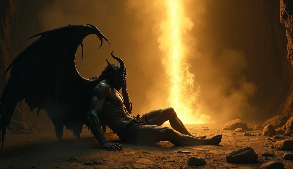 mythological style, male angel, epic hell scene, paranormal realism, full body, night scene,artistry digital, digitalpainting, artistry, lens at eye level, ass pov, first-person perspective, Shiny Statue, fire light, cinematic lighthing, hight contrast, close-up, realistic texture, angel sitting on the throne, Gold Thread, dark and bluish environment,mistic, mysterious text, up head, Low angle camera, giant shot, unique perspective, huge male , lucifer, Fallen Angel, hell stage, demons around