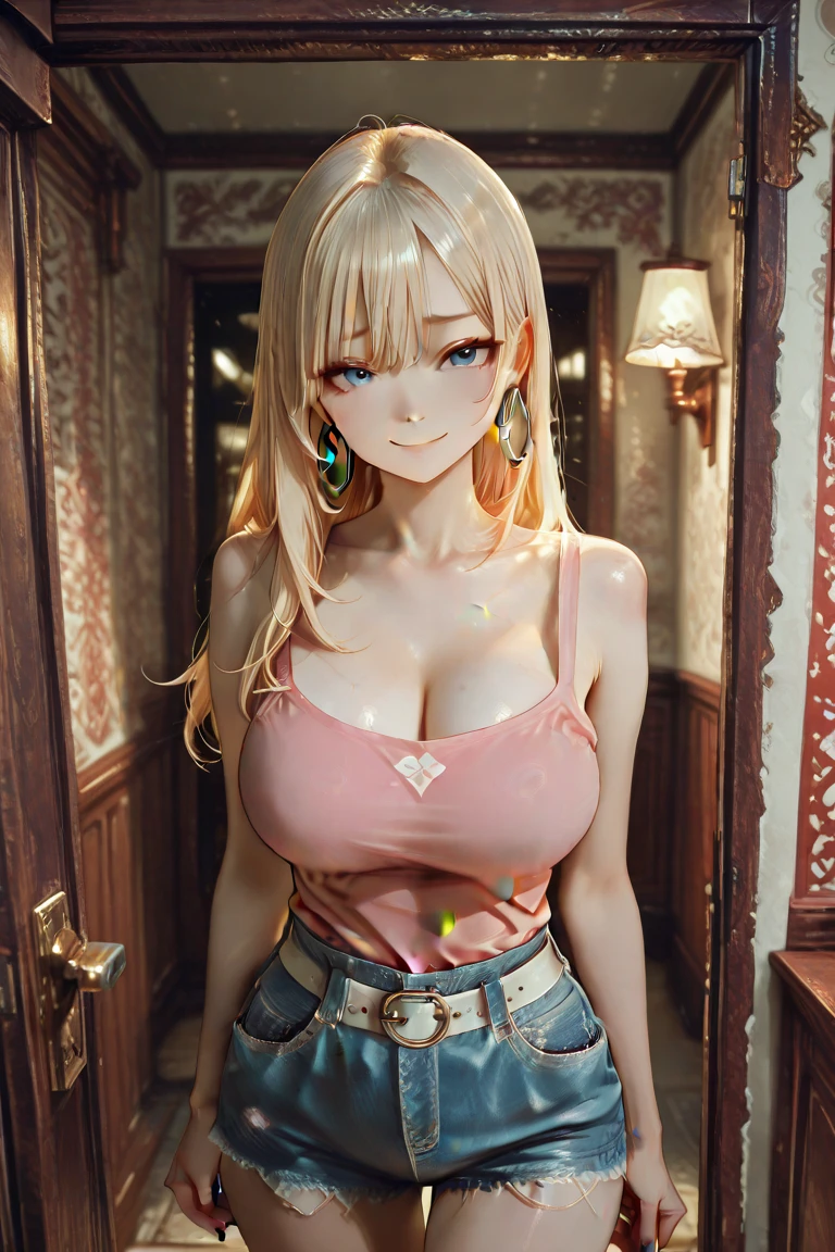 (Top quality ultra-detailed CG art、barechested、pink apron:1.2)、Bedroom、a blond, Mid summer、Delicate body、top knot、It features a simple、Hairpin、red blush、sitting on、 (Realistic:1.5), 1 , Precise little hands, Embarrassed look, Smile, a very pretty girl, Clear eyes, Shining eyes,