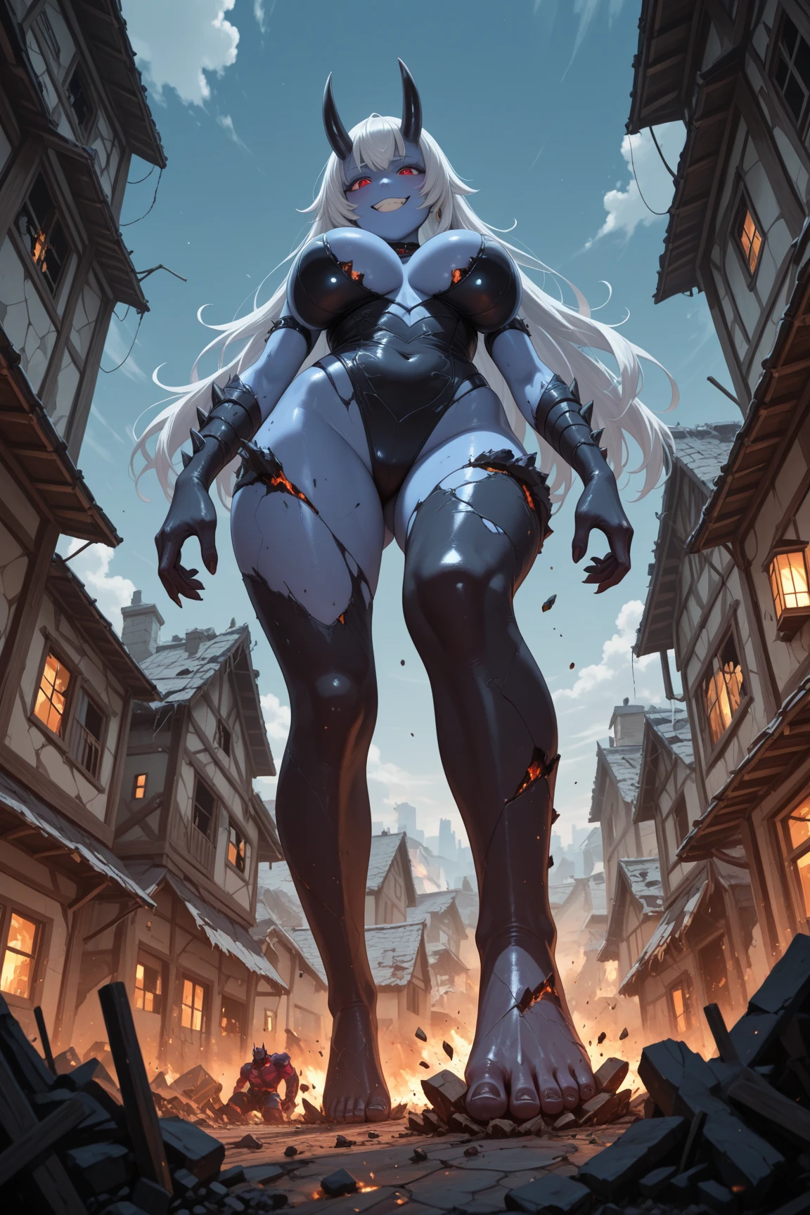 ((best quality)), ((masterpiece)),((detailed)), drow, dark elf, woman with white hair, red pupils, very dark skin, dark skin, black skin, ((very black skin)), focus on face, eighteen years old, sexy, sensual, long legs, athletic body, well-toned body, skinny body, fullbody, large breasts, open neckline, sexy black armor, skinny thighs, medium hair, long eyelashes, elf ears, black colored skin, sunny medieval town