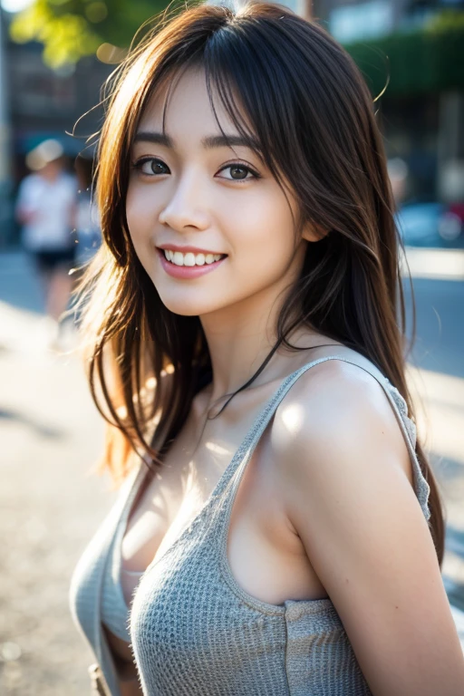 masterpiece,best quality,(Japanese ),((Beautiful girl)),cleavage,(perfect body beauty:1.2),(shy smile),beautiful teeth,Shibuya scramble crossing