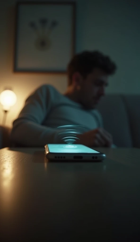 Gros plan sur le téléphone du mari vibrant sur une table, ambiance tendue.