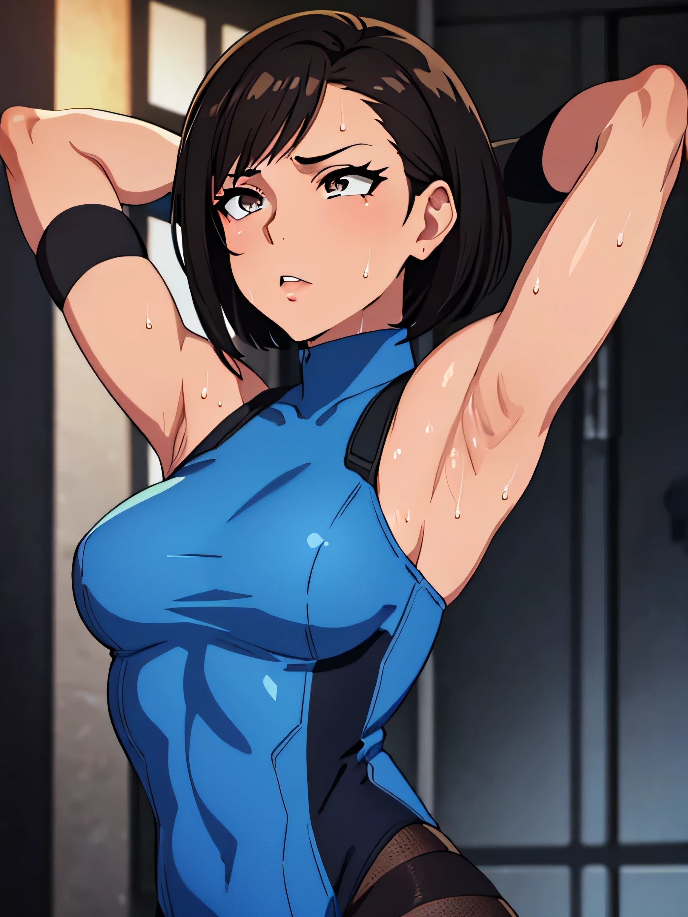 (a closeup、16 K、top-quality、high detailing、rich skin detail、nffsw)、Watch everywhere、obedience、a matural female、very Bigger breasts、Parted bangs、A MILF、brown haired、short-hair、Forehead、blushed、big butts、Raising arms、Spread your legs apart、Armpit、Aside、Put out the、Large Thigh、Arms behind your head、Bound arms、Ahegao、Breasts out、White and light blue leotard