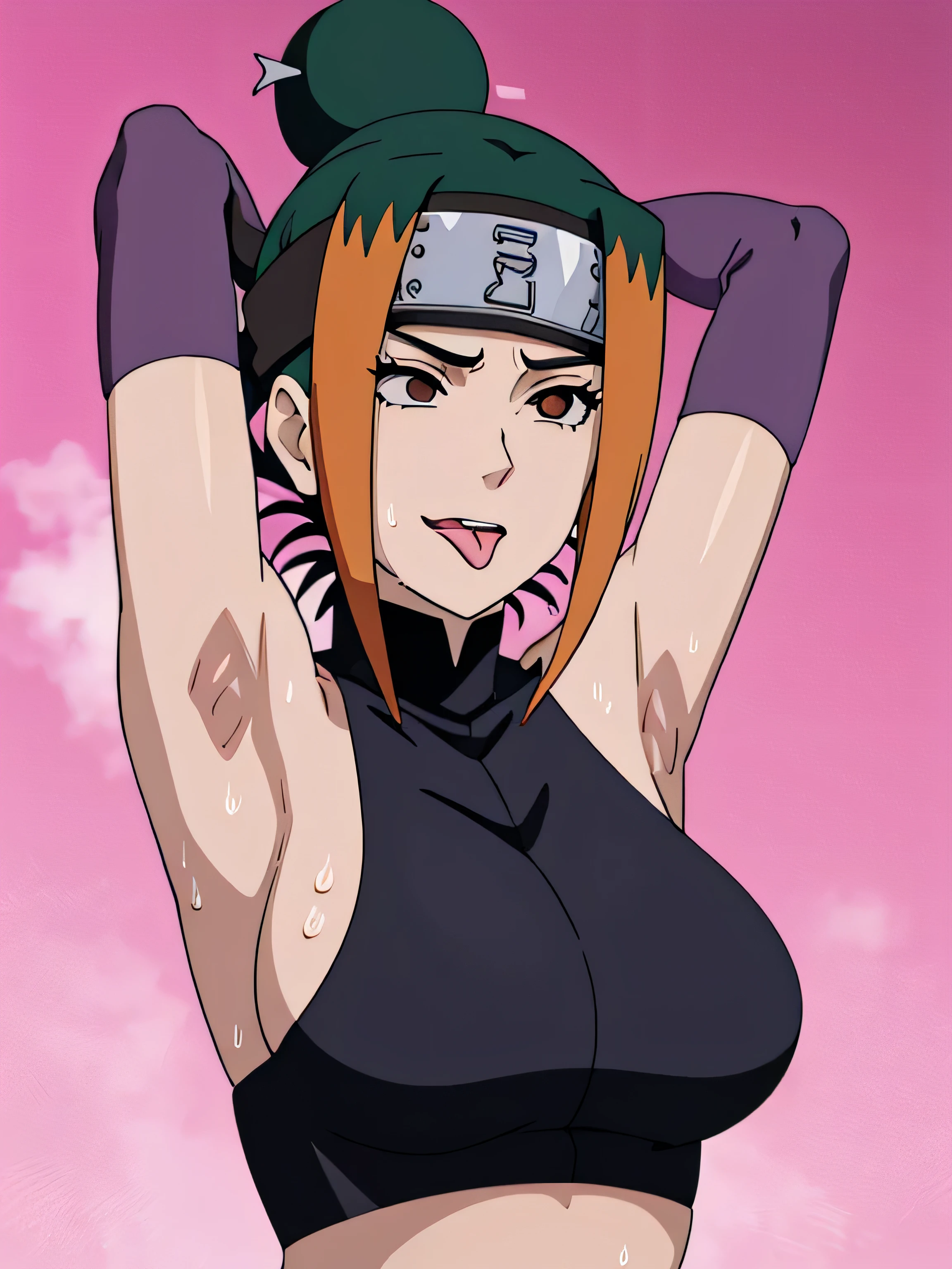 

Pakura,human woman with fair skin. She has black eyes and blackish orange clothing. Her hair is black in color; She is beautiful.Tsundere face. Pink eye shading,mature appearance,armpits,sweat,sweaty,sweaty armpits,arms up,showing armpits,awesome armpits,outfit,blackish red arm warmers,maroon arm bands,maroon arm warmers,showing tongue,tongue out,wearing Konoha headband.