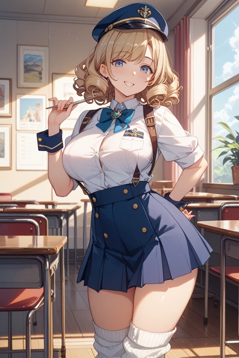 anime artwork, score_9, score_8_up, score_7_up, score_6_up, score_5_up, score_4_up, r,Camie Utsushimi, light brown hair, dark brown eyes,, breasts, , big breasts, at school, (school uniform:1.2), desk, cap, she is 24 years old, , rating explitic, wet whirt, ,horny, solo, , white stockings, shoes,,style_3, text on board, standing, pov viewer pressing her against board